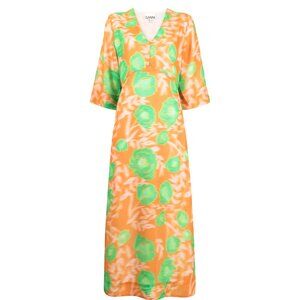 Ganni Orange/Green Floral Print Crepe V-neck Midi Dress XXS 32 NWT MSRP $325
